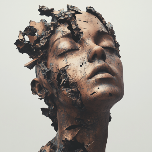 A bronze sculpture of a glitched punk woman