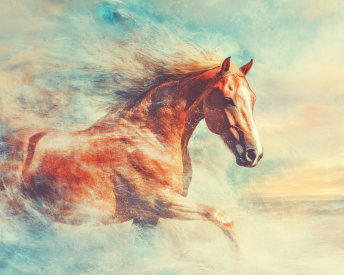 A brown horse moving on beach with wind blowing.