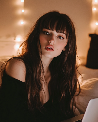 Brunette Woman Watching Laptop in Bedroom at Night