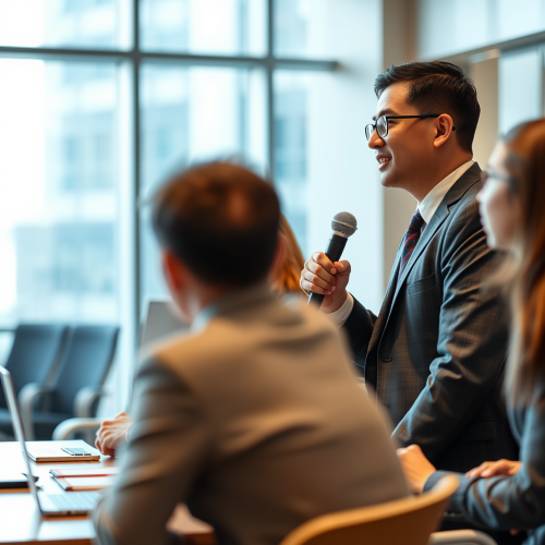 A businessman from Asia teaches university students.
