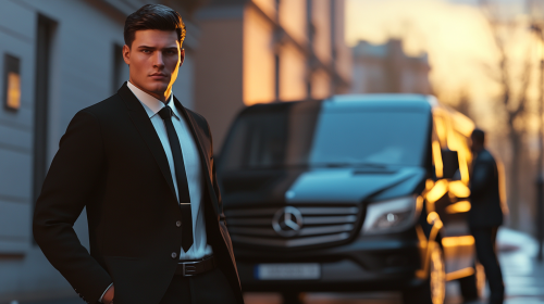 A businessman in black suit waiting by black Mercedes