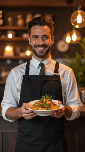A busy American waiter serves food in restaurant.