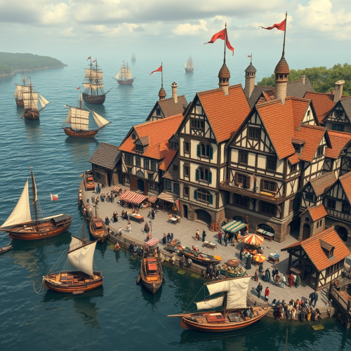 A busy medieval port town by the bay.