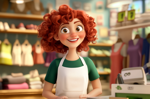 A cartoon character at her happy clothes store