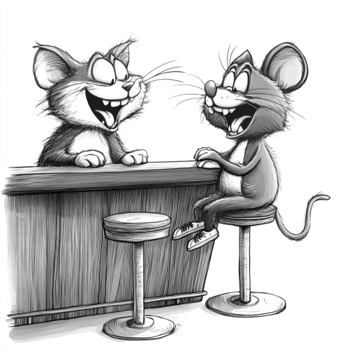 A cat and mouse laugh at a bar