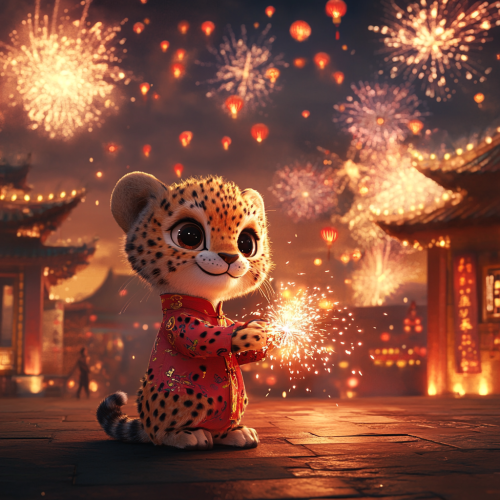A cheetah plays with fireworks on Chinese New Year