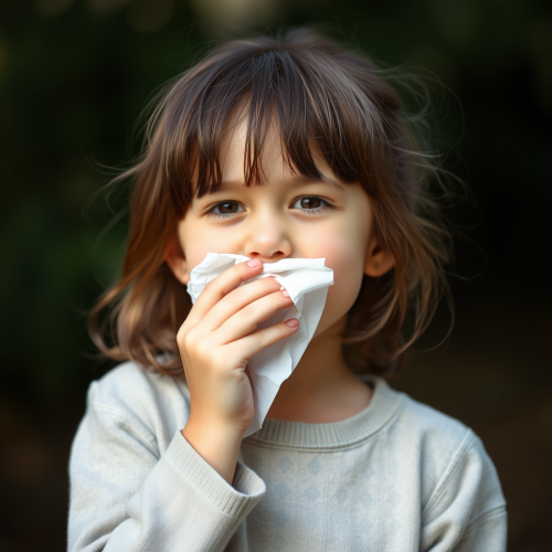 A child sneezing into a tissue.
