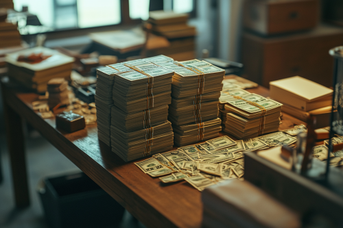 A clean table with neatly stacked money piles