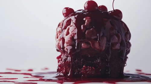 A close up of brain cake with cherry sauce