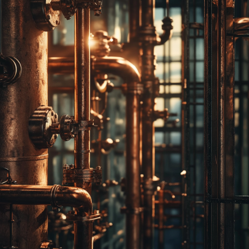 A close-up of copper machinery with sunlight.