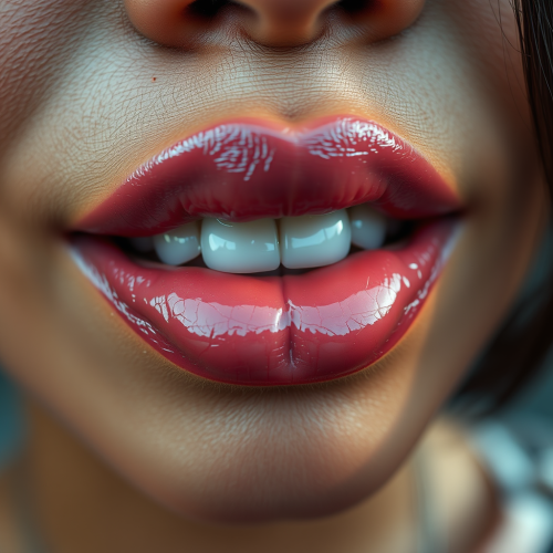 A close-up of glossy pink lips.