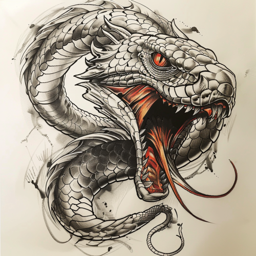 A coiled sepia dragon with red eyes and tongue