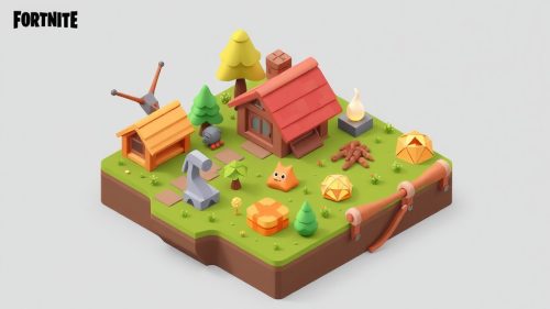 A colorful, cute, isometric game with Fortnite style.
