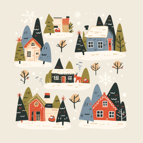 A colorful Christmas village with thick outlines