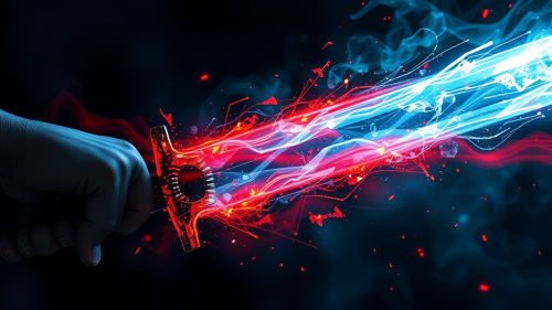 A colorful abstract trail of sword slashes.