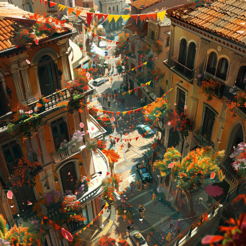 A colorful city with people, cars, and flowers