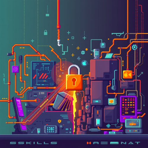 A colorful game-style illustration showing cybersecurity skills gap.