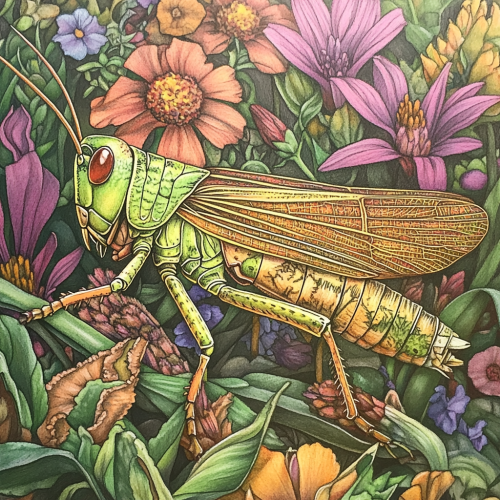 A colorful grasshopper in a flowery habitat.
