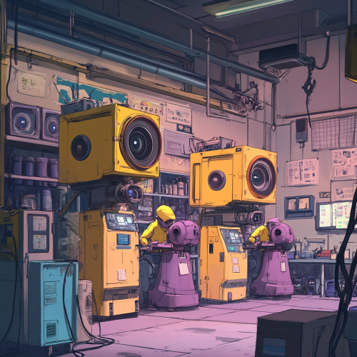 A colorful mechanic shop with anime style