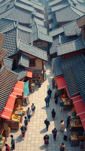 A colorful old Japanese market with lots of shops.