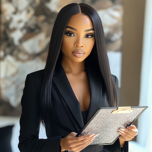 A confident businesswoman in sharp suit and glam makeup