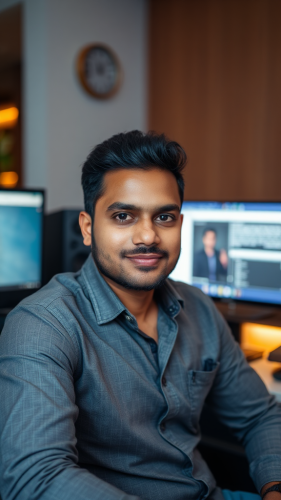 A confident man with computer, looking at camera.
