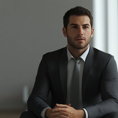 A confident professional in suit answering interview in office. A confident professional in suit answering interview in office.