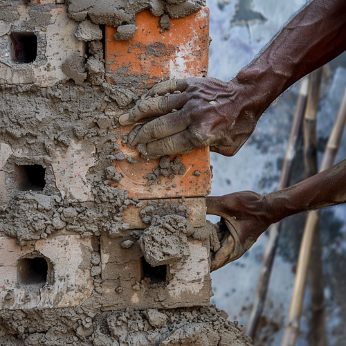 A construction worker placing brick on wall