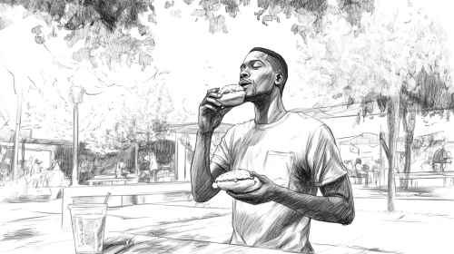 A cool guy eating chicken burger in park.