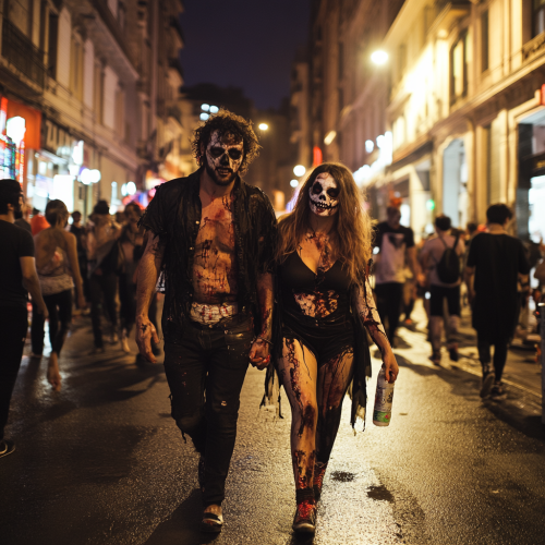 A couple in Halloween costumes walking drunkenly street
