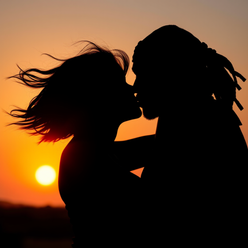 A couple kissing on beach at sunset silhouette.