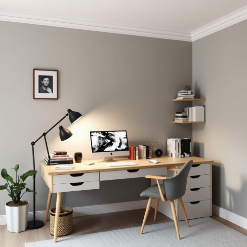 A cozy Scandinavian home office with plants.