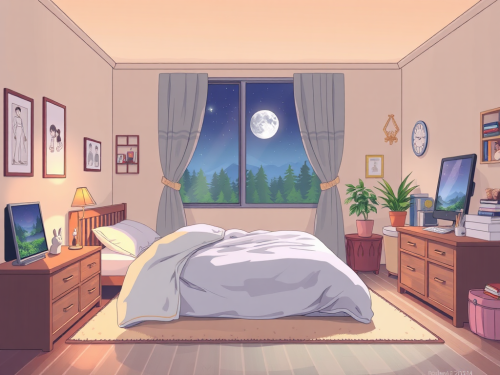 A cozy anime bedroom with colorful decorations. A cozy anime bedroom with colorful decorations.
