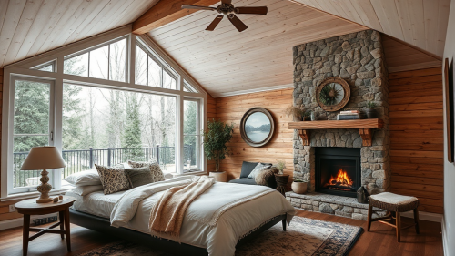 A cozy bedroom with high ceiling and fireplace.