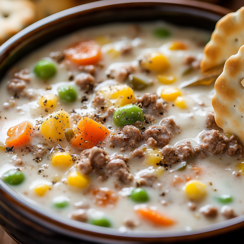 A cozy bowl of creamy vegetable soup with beef