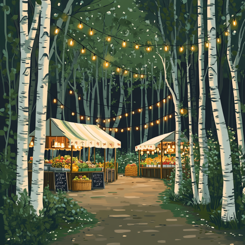 A cozy farmers' market in a birch grove