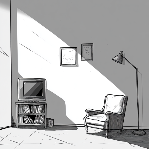 Minimalistic flat with pictures, TV, and lamp