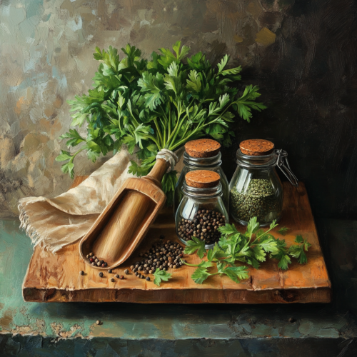A cozy kitchen corner with herbs and spices