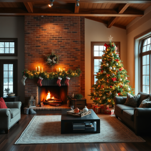 A cozy living room decorated for Christmas.