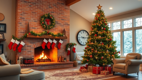 A cozy living room with a lit fireplace.