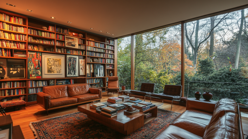A cozy living room with books, art and nature. A cozy living room with books, art and nature.