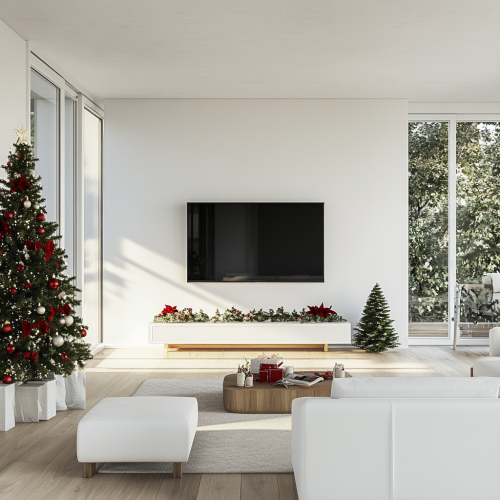 A cozy living room with festive Christmas decor