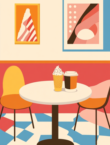 A cozy retro cafe with ice cream