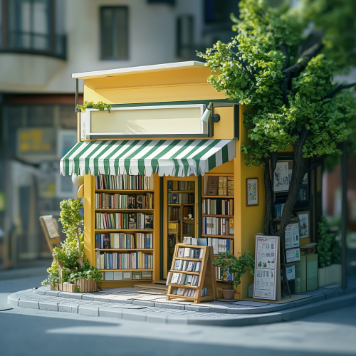 A cozy yellow bookstore with plants and awning
