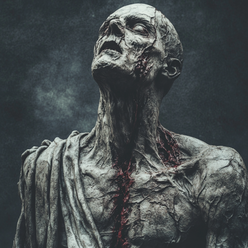 A creepy marble statue with red cracks