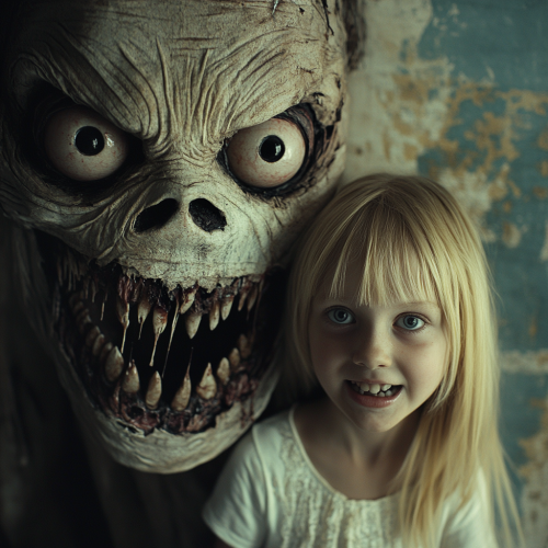 A creepy pale zombie scares little blond girl