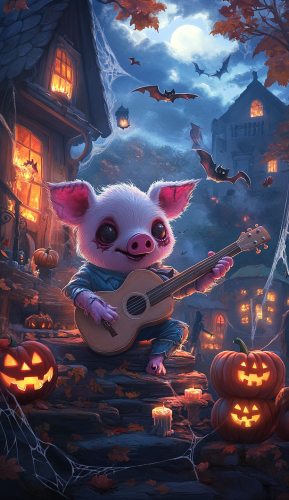 A cute Halloween zombie pig plays guitar