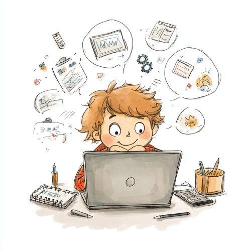 A cute adult doing e-learning with graphs.