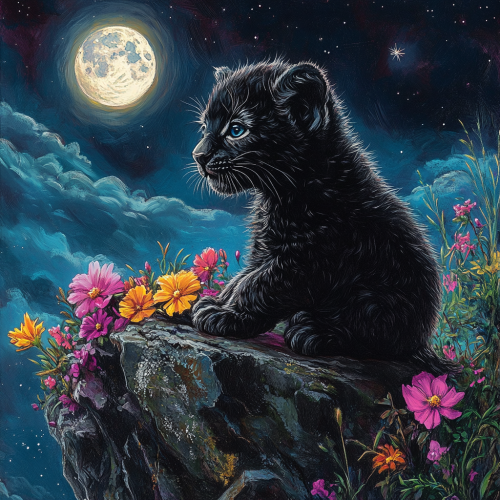 A cute black leopard cub under the moon