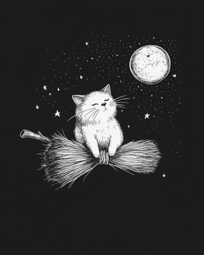 A cute cat on a witch broom flying